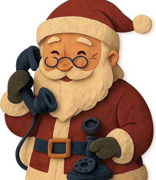 Santa, con gesto amable, hablando por un teléfono antiguo.